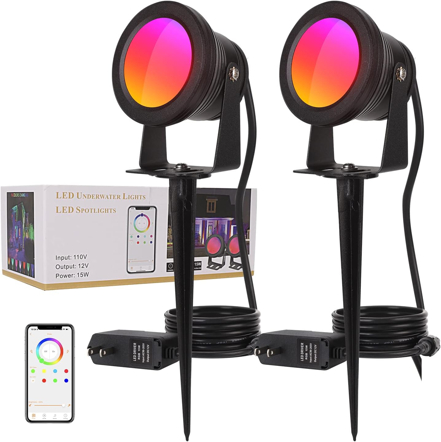 15W Smart Outdoor Colored Spotlights - APP Control, Waterproof Dimmable Garden Lights with Timer & Music Sync