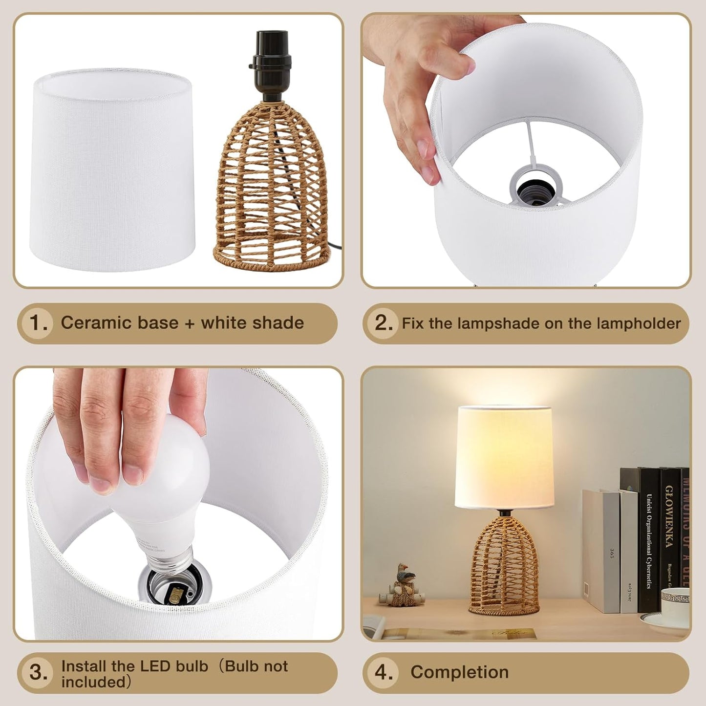 Boho Table Lamps Set of 2 - 13.5" Rustic Ceramic Bedside Lamps for Bedroom & Living Room