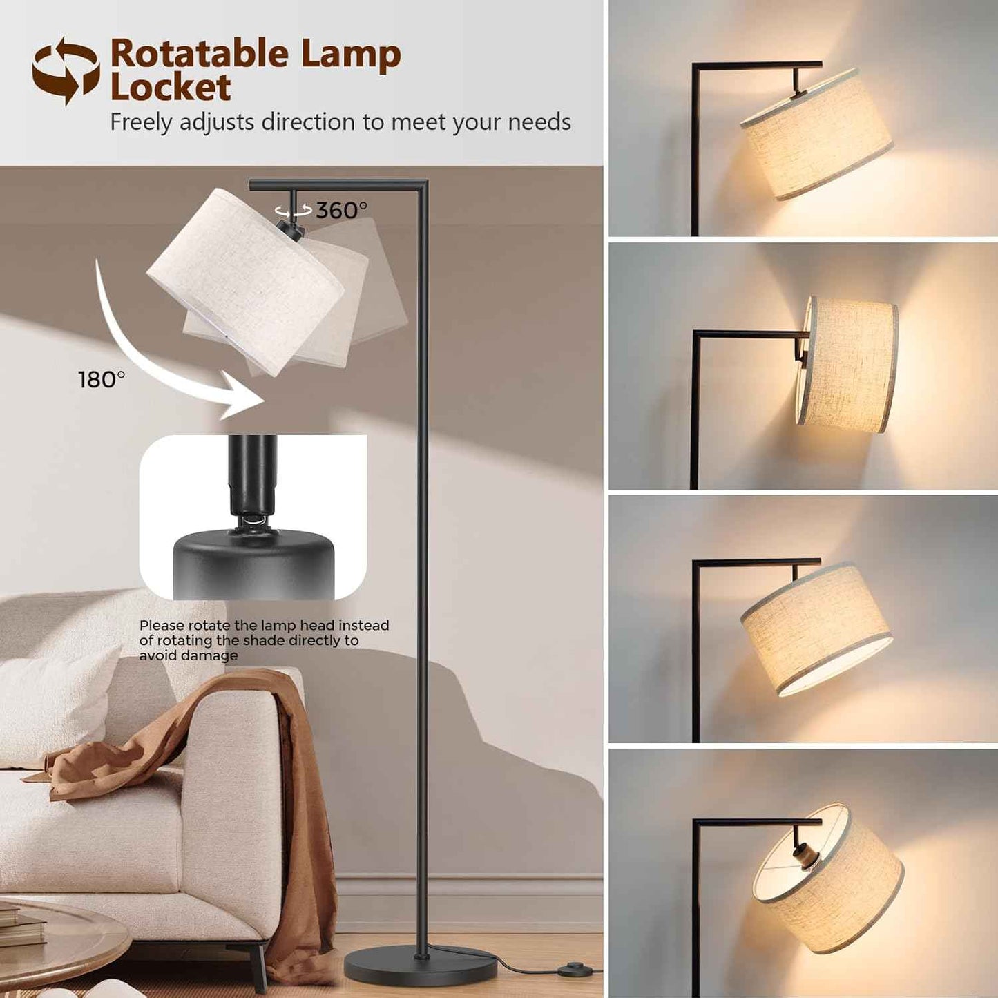 Adjustable Black Floor Lamp for Living Room - 3 Color Temperatures & Beige Linen Shade