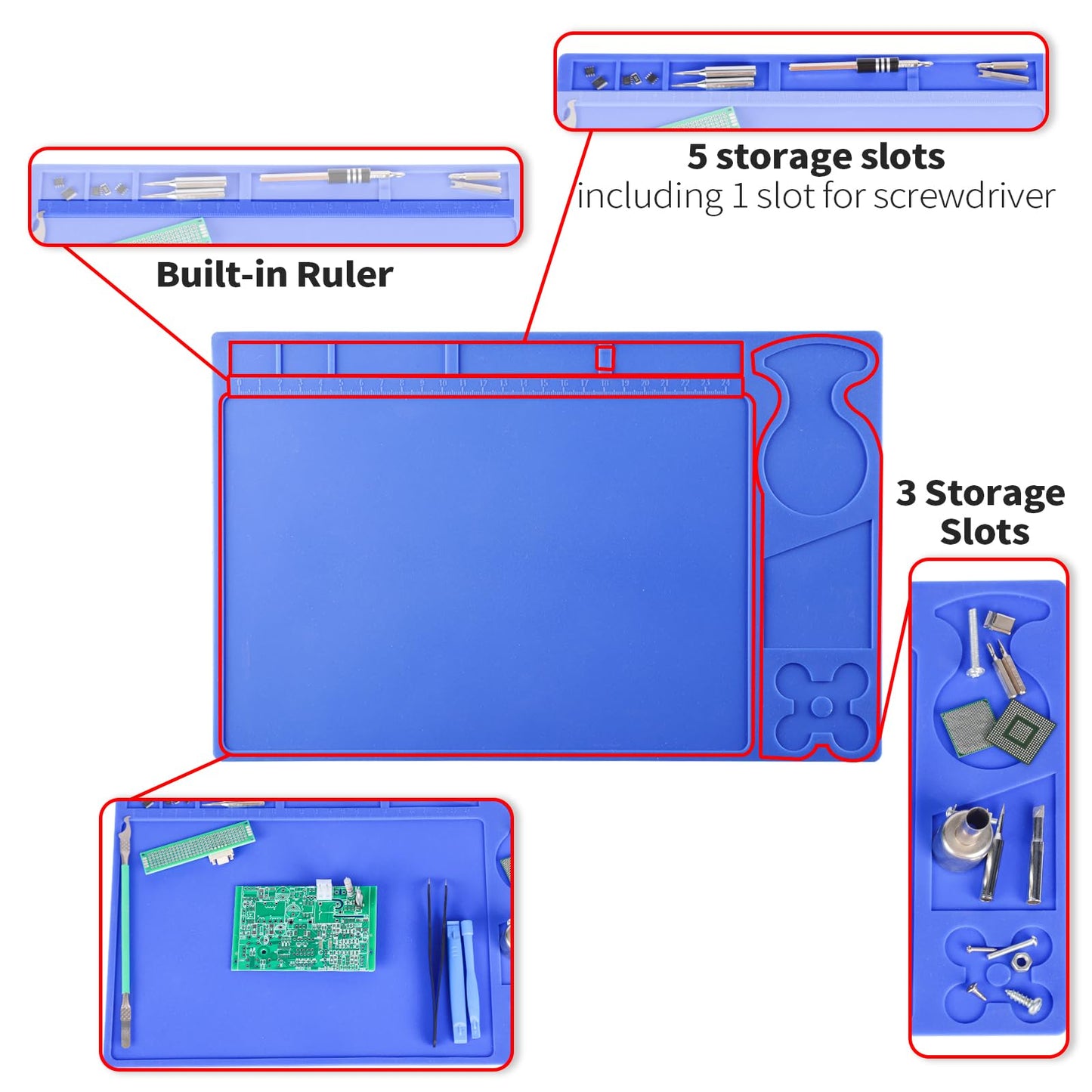 YIHUA M150 Heat-resistant Soldering Mat with Multiple Storage Slots, Built-in Ruler, Bendable Soft Silicone Soldering Mat, Dimensions 12.99 * 8.23 * 0.12 inches (330 * 209 * 3mm)