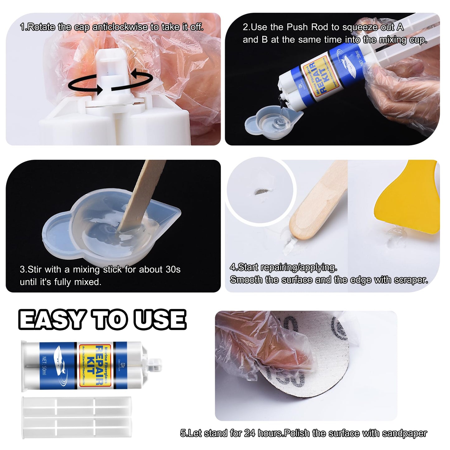 Marine Fiberglass Repair Kit - 3.4oz White Gel Coat & Gelcoat Repair Kit for Boats, Fiberglass Repair Epoxy Filler, Fast Repair for Scratches, Cracks, Holes, Fiber Glass Patch Kit for Acrylic