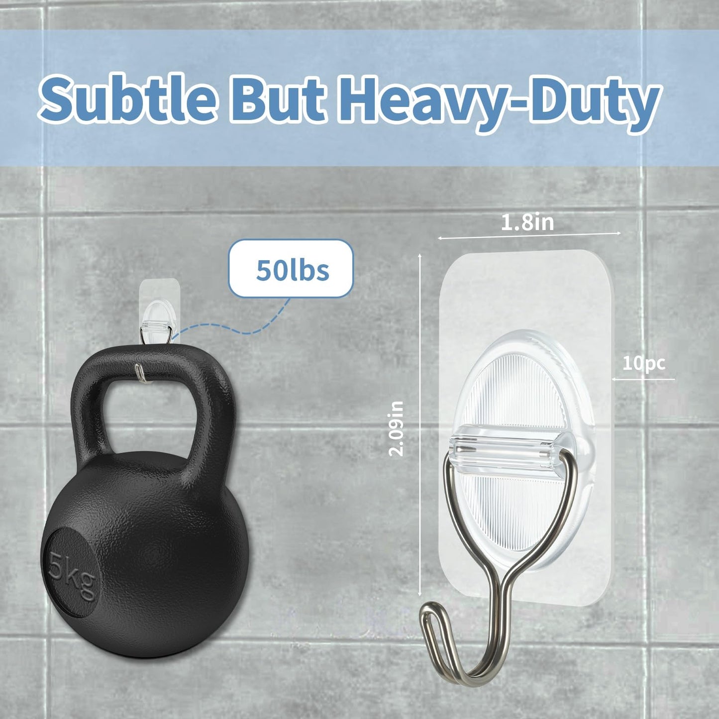 Adhesive Wall Hooks No Damage, Stick On Hooks for Hanging 10 Pack - Transparent Stainless Steel 5KG Heavy Duty, Waterproof Removable (3.5x5.3cm) Kitchen Bathroom Office, Ganchos para Pared