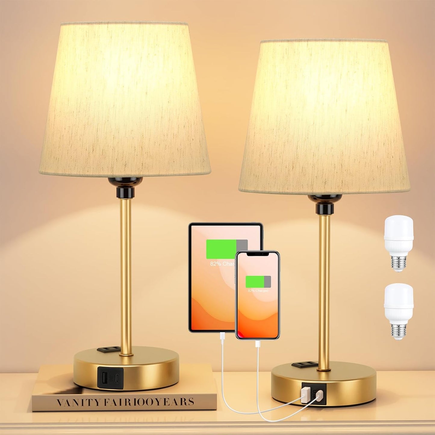 Set of 2 Mini Bedside Lamps with USB-C & AC Outlet - Dimmable Touch Nightstand Lights for Bedrooms