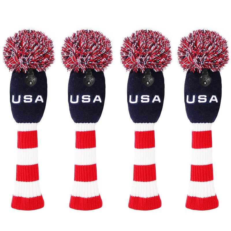 3pcs Pom Pom Golf Headcovers, #1 3 5 Golf Wood Headcovers Set, Knitted Golf Club Head Cover, Long Neck Golf Club Case Protection, Patriotism US Flag Pattern