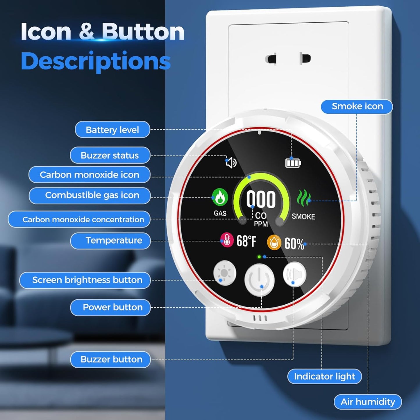 5-in-1 Carbon Monoxide, Smoke & Gas Detector with Battery Backup - HD Digital Screen for Home Safety