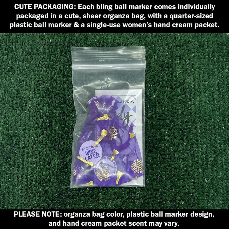 Giggle Golf Bling Golf Ball Marker with Magnetic Hat Clip – Putt Now Wine Later Sparkly Marker for Women Golfers – Fun Golf Gift with Organza Bag & Bonus Hand Cream