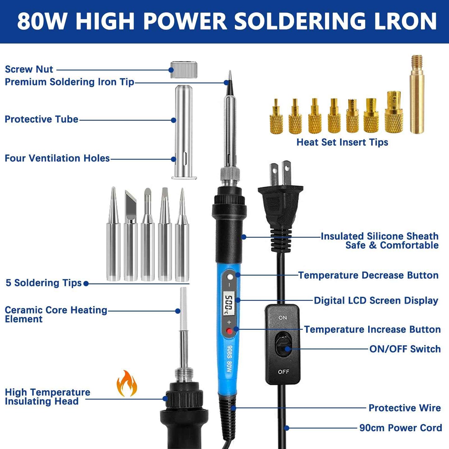 Soldering Iron Heat Set Insert Tool, 80W 110V LCD Digital Soldering Welding Iron Kit with Iron Tips and Heat Set Insert Tips, 16-in-1 Adjustable Temperature 180-500℃ Solder Kit, Blue
