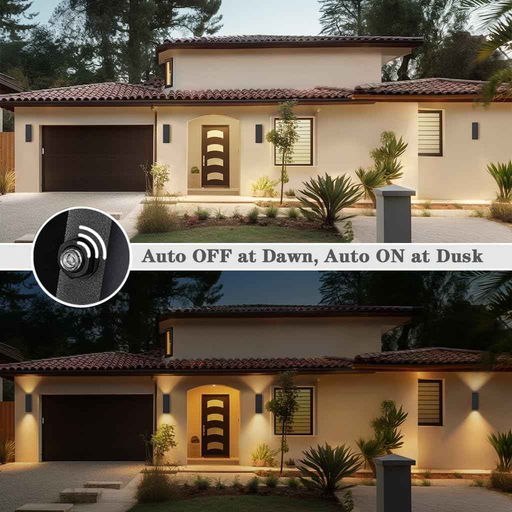 Modern Outdoor Wall Lights - Dusk to Dawn Square Matte Black Sconce with Bulbs, Aluminum Anti-Rust Up & Down Lighting for Porch & Garage