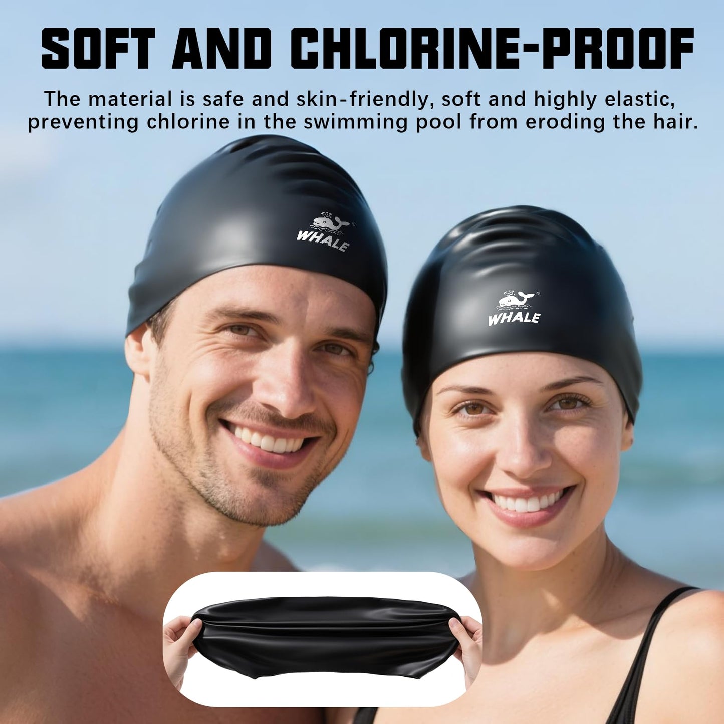 WHALE Extra Large Swim Cap for Women Men Non-Slip, High Elasticity Keeps Hair Dry Unisex Large Size Suitable for Long Hair, Curly Hair and African Dreadlocks (Black)