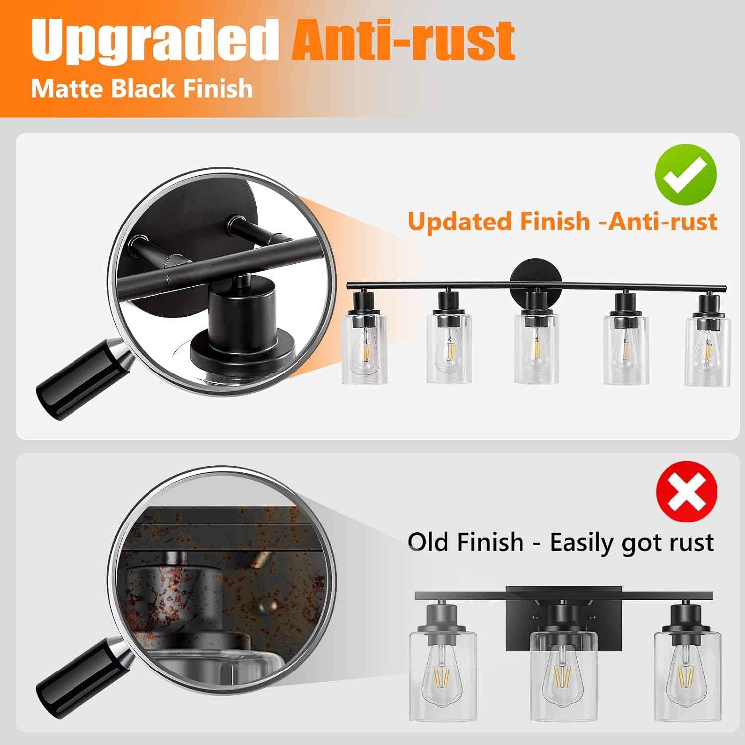 Modern Black 3-Light Bathroom Vanity Light Fixture with Clear Glass Shades - 2 Pack