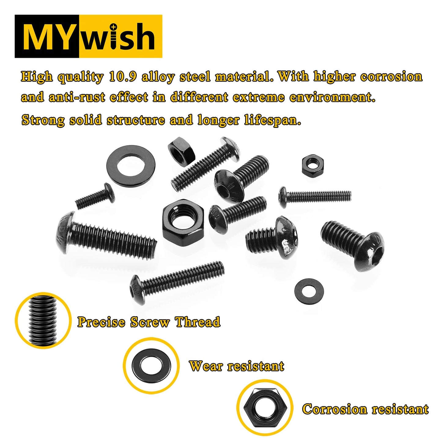 Mywish 900Pcs Metric Screw Assortment Kit, M3 M4 M5 M6 Bolts Nuts & Flat Washers, Grade 10.9 Alloy Steel Hex Socket Head Screws, Wrenches, Fully Threaded, Black Nuts and Bolts Assortment Kit