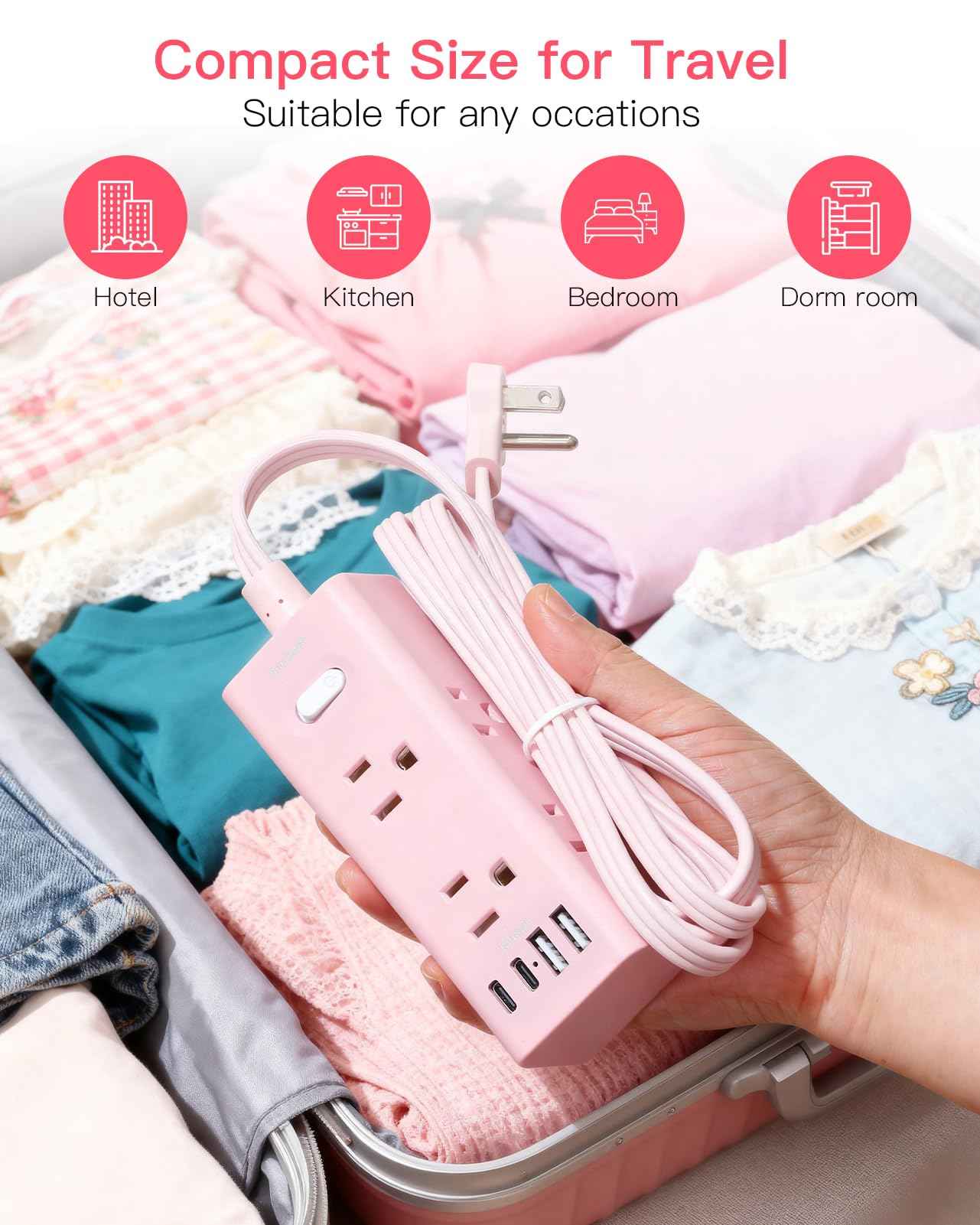 5Ft Extension Cord with Multiple Outlets, Flat Plug Power Strip Surge Protector with 5 Ft Long Cord, 6 Outlet 3 USB Ports (1 USB C), Multi Outlet Wall Plug for Travel, Dorm Room Essentials-Pink