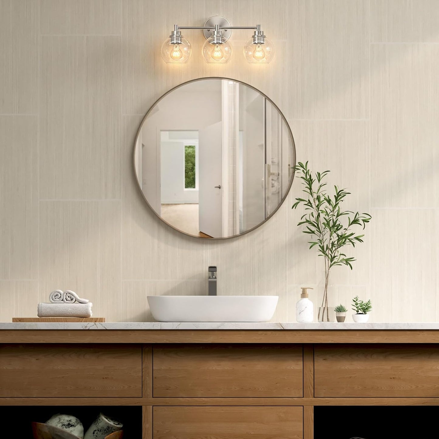 3-Light Vanity Bathroom Light Fixture with Globe Glass Shades - Brushed Nickel, ETL Certified