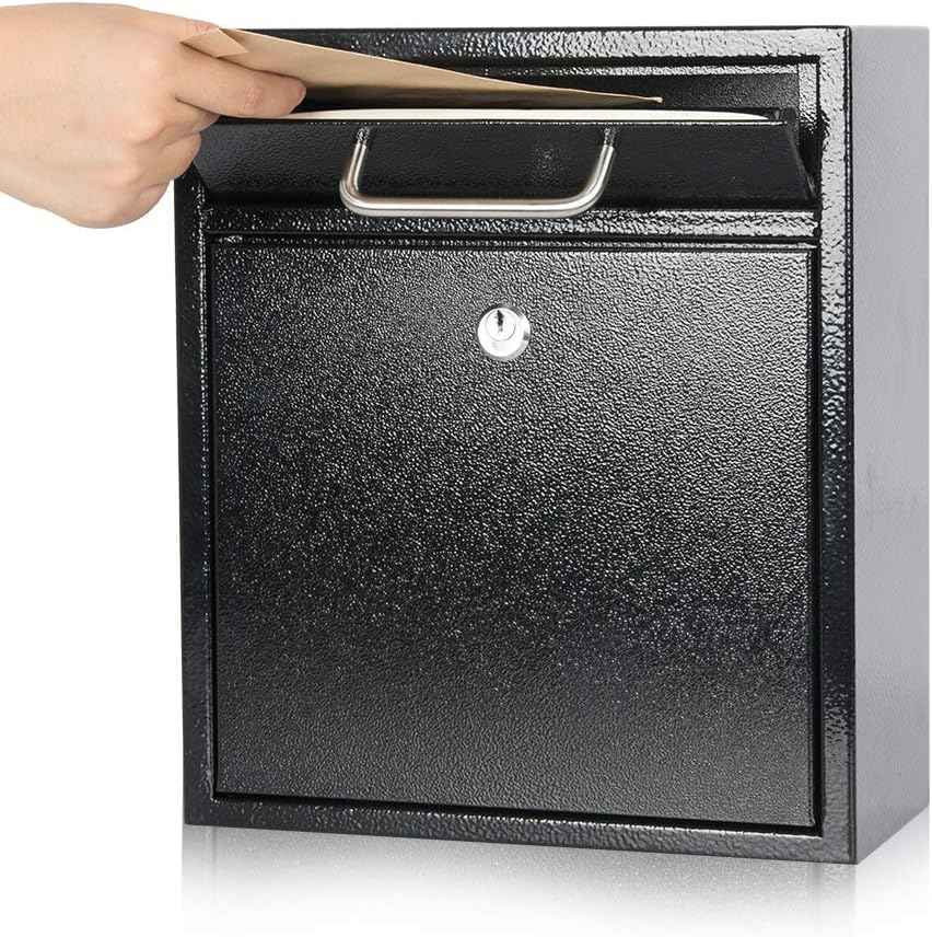 Secure Wall-Mount Mailbox with Lock | KYODOLED Large Steel Drop Box, Black, 16.2H x 11.22L x 4.72W
