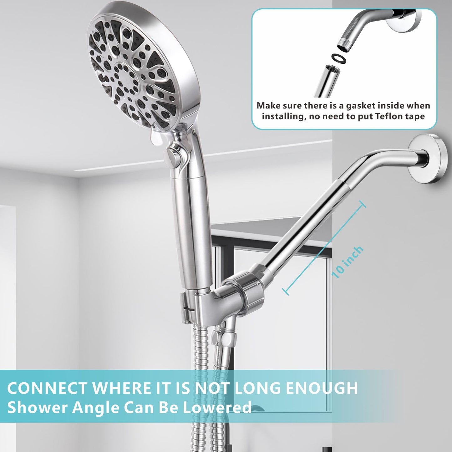 Nuodan Shower Extension Arm, Solid Stainless Steel Shower Pipe Extension with Teflon Tape and Washer, For Lowering or Extending Showerhead (10 Inch, Chrome)