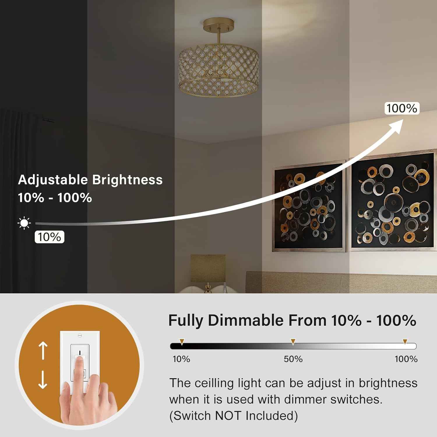 Modern Black Crystal Semi Flush Mount Ceiling Light Fixture - 11.2" Round Chandelier for Dining Room, Hallway, Kitchen & Bedroom
