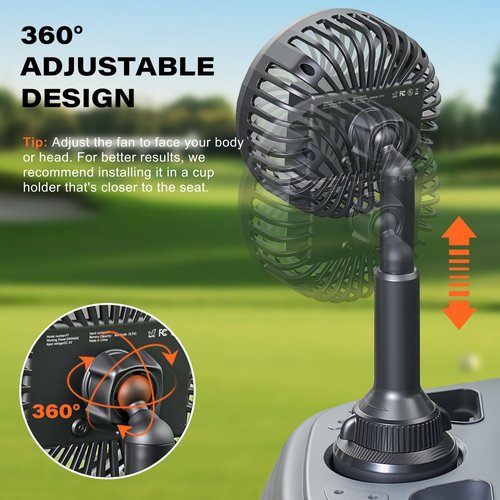 A2C Golf Cart Fan Rechargeable, Cup Holder Base Battery Operated Cooling Fan, 3 Speeds Powerful Airflow Compatible with EZGO, Club Car, Yamaha, 360° Rotatable Golf Cart Accessories