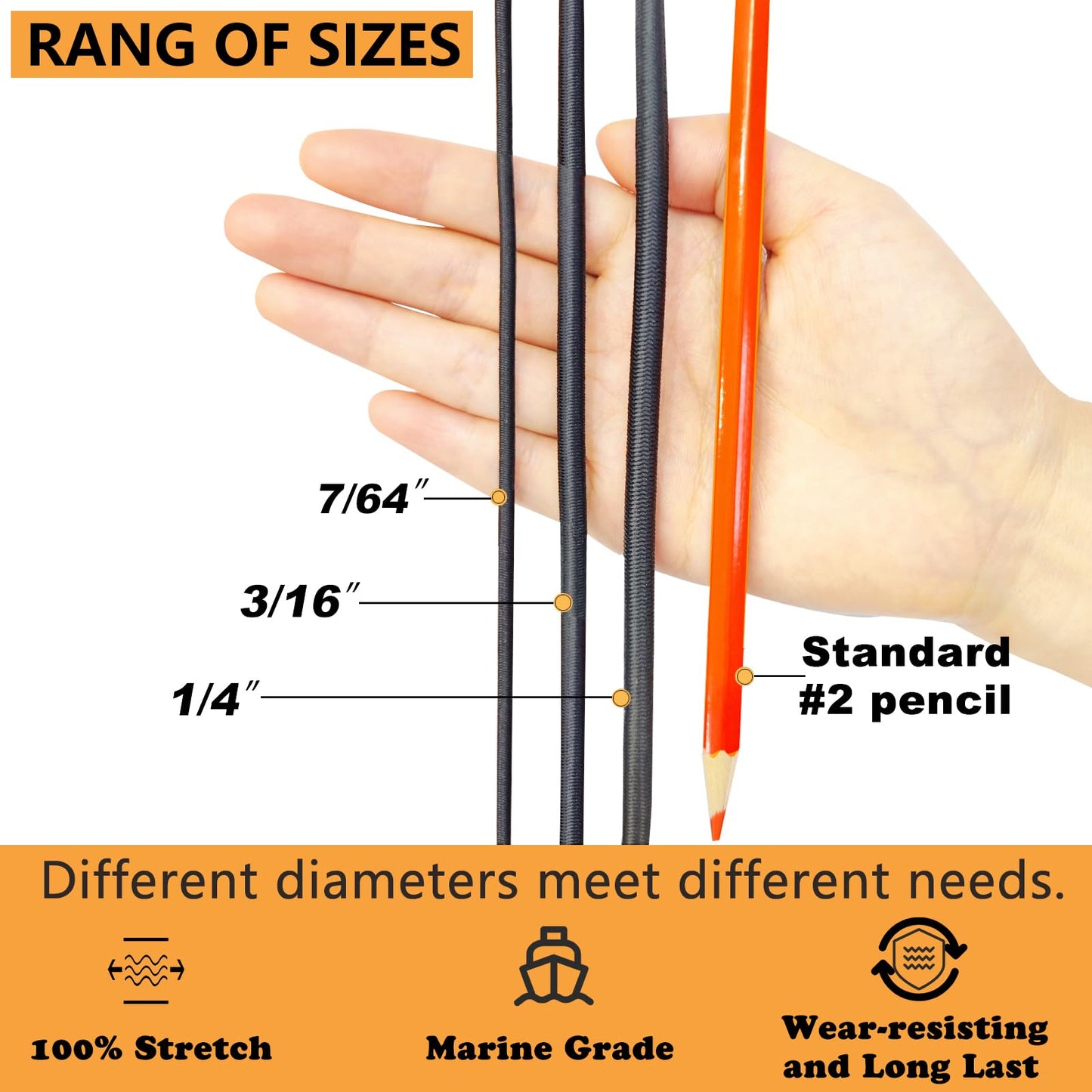 LUYADIN 1/4" x 32' Marine Grade Bungee Cord Elastic Shock Cord, Kayak Stretch String Rope, Heavy Duty Bungee Shock Cords for Repairing Tent Poles, DIY, Tie Downs (Black)