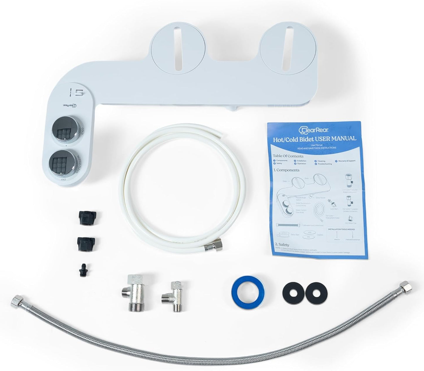 Non-Electric CLEAR REAR Bidet Attachment for Toilet - Self-Cleaning Dual Nozzle, Adjustable Pressure, White