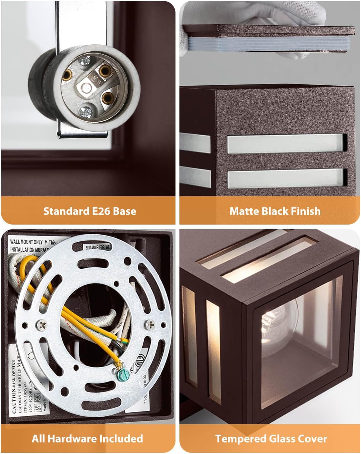 Modern Outdoor Wall Lights - Dusk to Dawn Square Matte Black Sconce with Bulbs, Aluminum Anti-Rust Up & Down Lighting for Porch & Garage