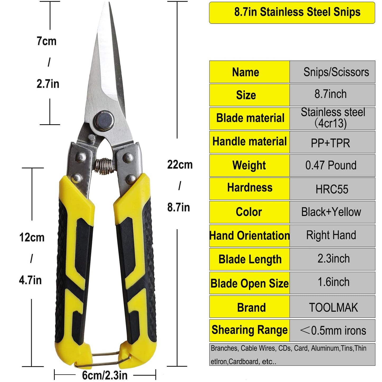 TOOLMAK Heavy Duty Industry Scissors 8.7 Inch Aviation Tin Snips Straight Metal Cutter with Comfort Grip and Stainless Steel Blades Multifunction Cutting