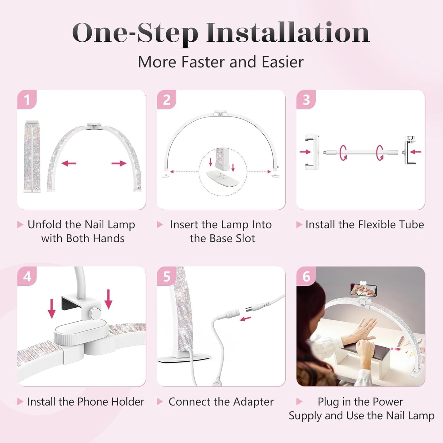 Yokilly Foldable Half Moon Nail Desk Lamp with Phone Holder - 3 Color Modes & 10 Brightness Levels for Manicure Salon