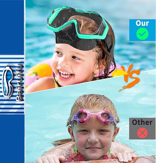 Bairuifu Kids Swim Goggles - 3-Window Lens for Wide Vision & Crystal Clear Clarity | Soft Nose Cover