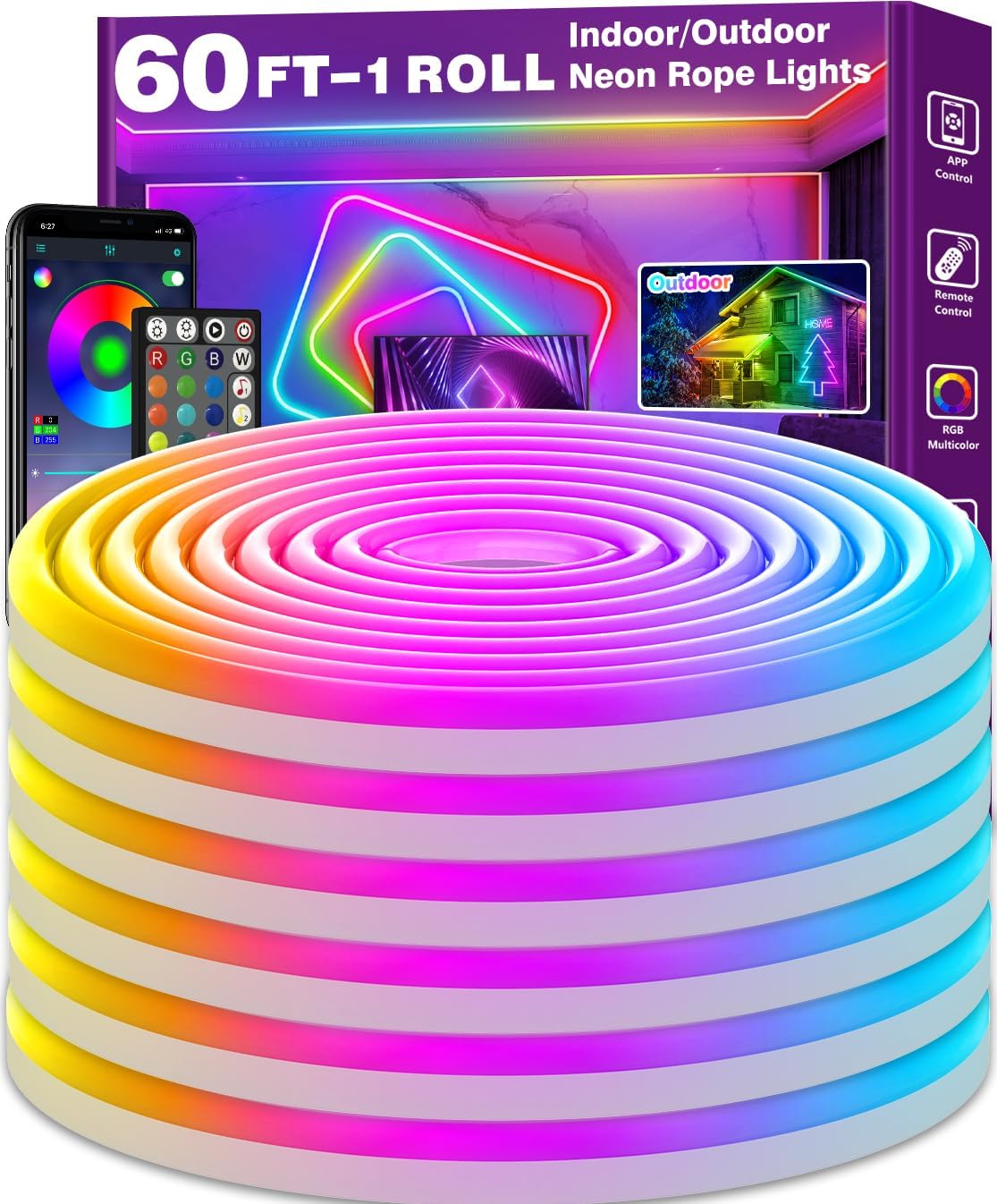 60FT SINLEY LED Neon Rope Lights - App/Remote Control, Waterproof RGB for Indoor/Outdoor Use