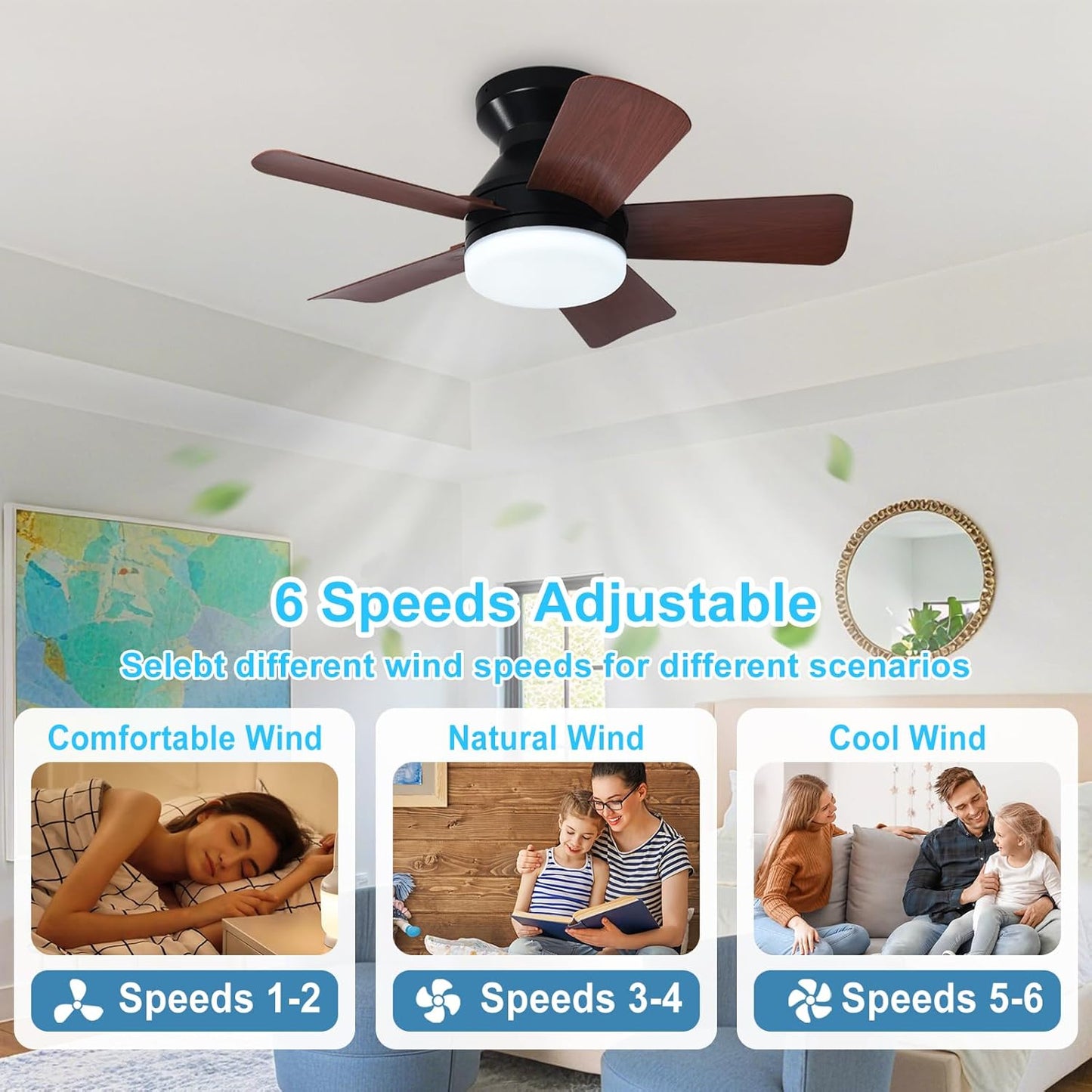 42-Inch Modern Black Ceiling Fan with Light & Remote - Dimmable Low Profile, 5 Reversible Walnut Blades, 6 Speeds for Indoor/Outdoor Use