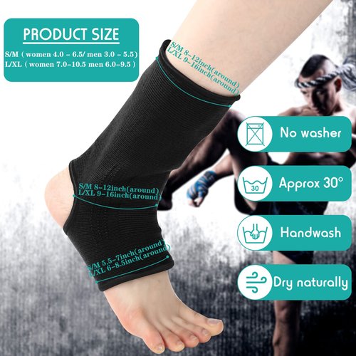 Geyoga 2 Pairs Muay Thai Ankle Support Compression Ankle Sleeve Boxing Foot Braces for Men Breathable Women Foot Wraps Support for Martial Arts Kickboxing Gym Running, L Size(Black)