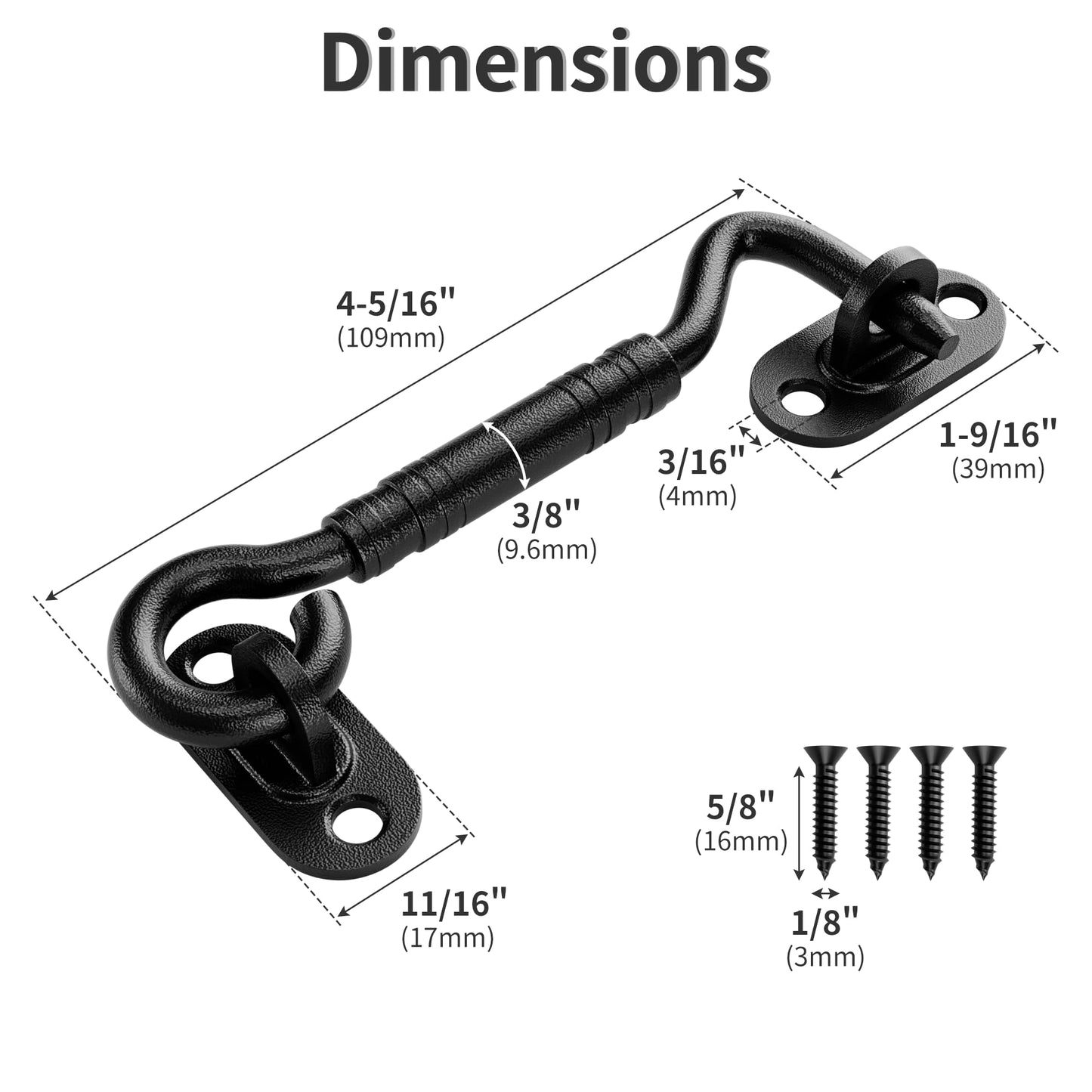 SANKEYTEW 4'' Door Latch Door Lock Hardware, 4'' Stainless steels Hook and Eye Gate Latch Easy Lock for Barn Door, Black Sliding Door Lock with Screws for Window, Cabin Hooks