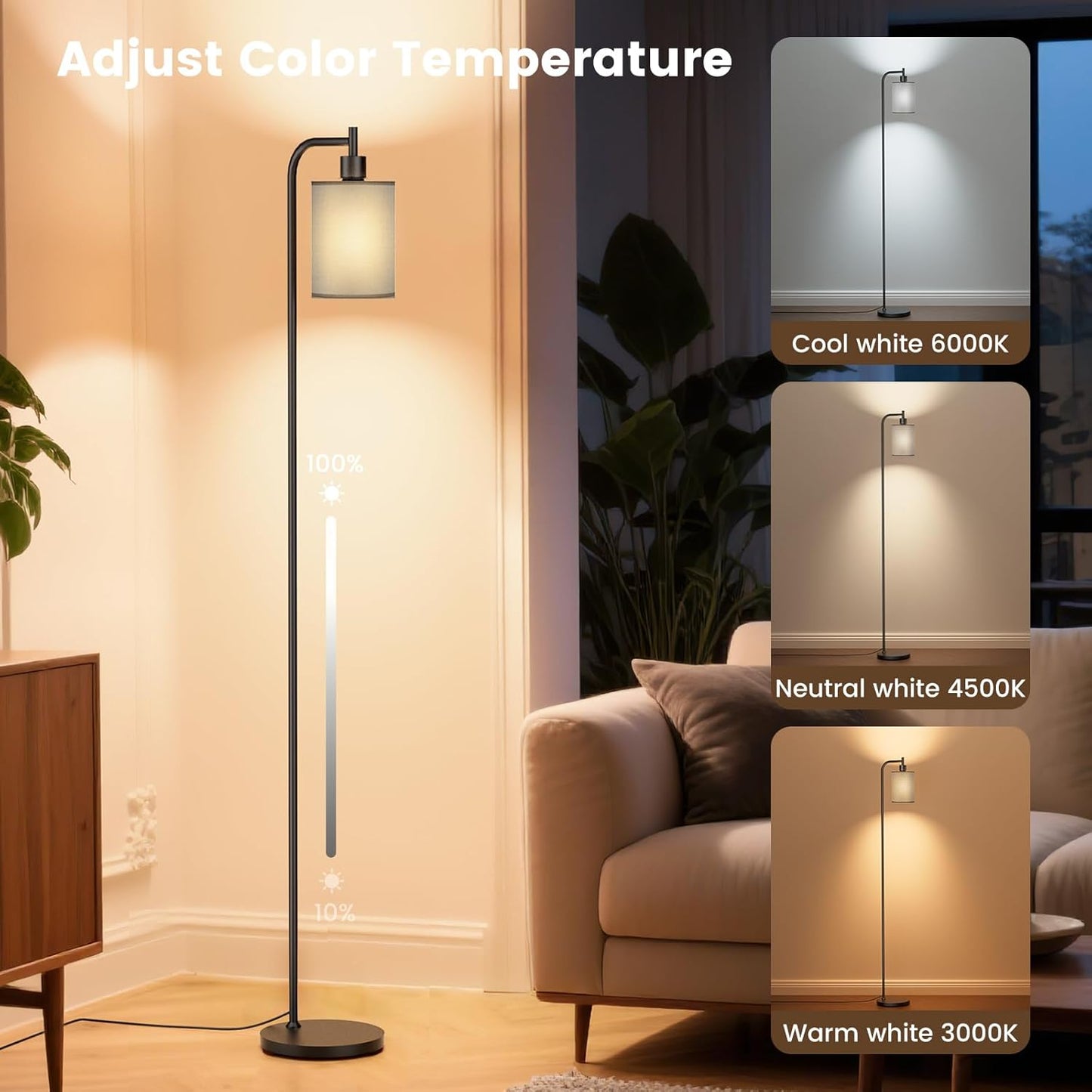 Dimmable Floor Lamp with Linen Shade & Remote Control - Modern 9W LED Standing Lamp for Living Room, Bedroom, Office