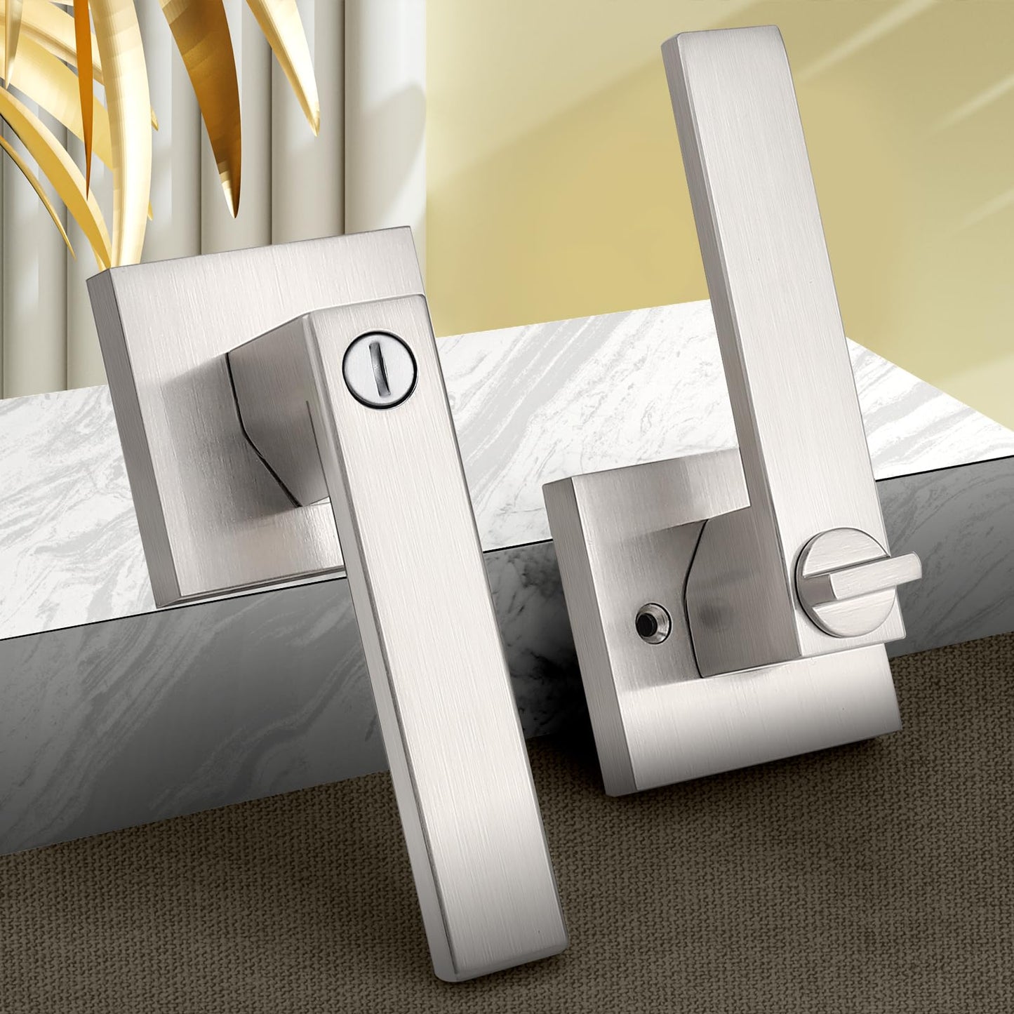 Probrico Interior Brushed Nickel Door Handle, Heavy Duty, Flat Square Privacy Door Handles, Keyless Door Levers Lockset for Bedroom and Bathroom (4 Pack, Modern)