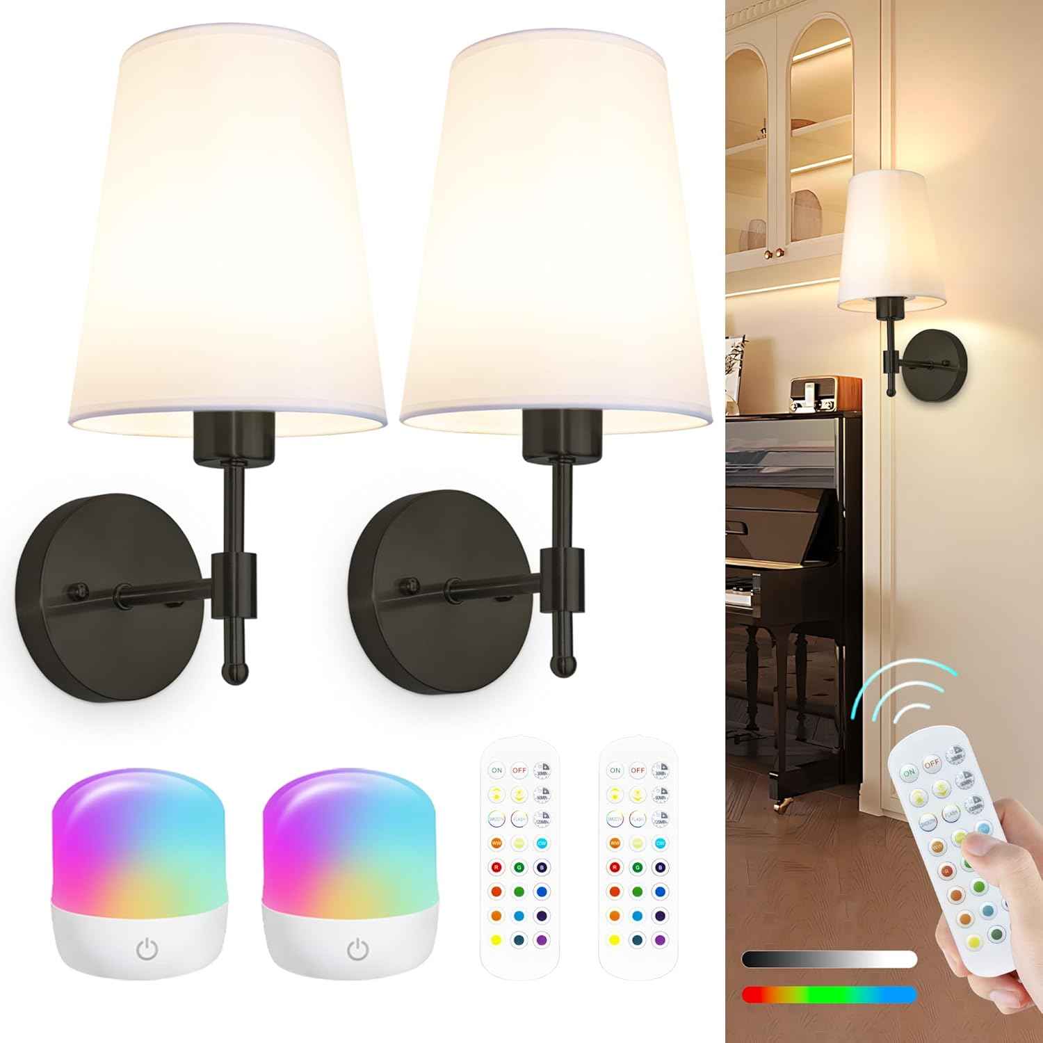 Rechargeable Gold Battery Operated Wall Sconces Set of 2 with Remote & RGB Bulbs