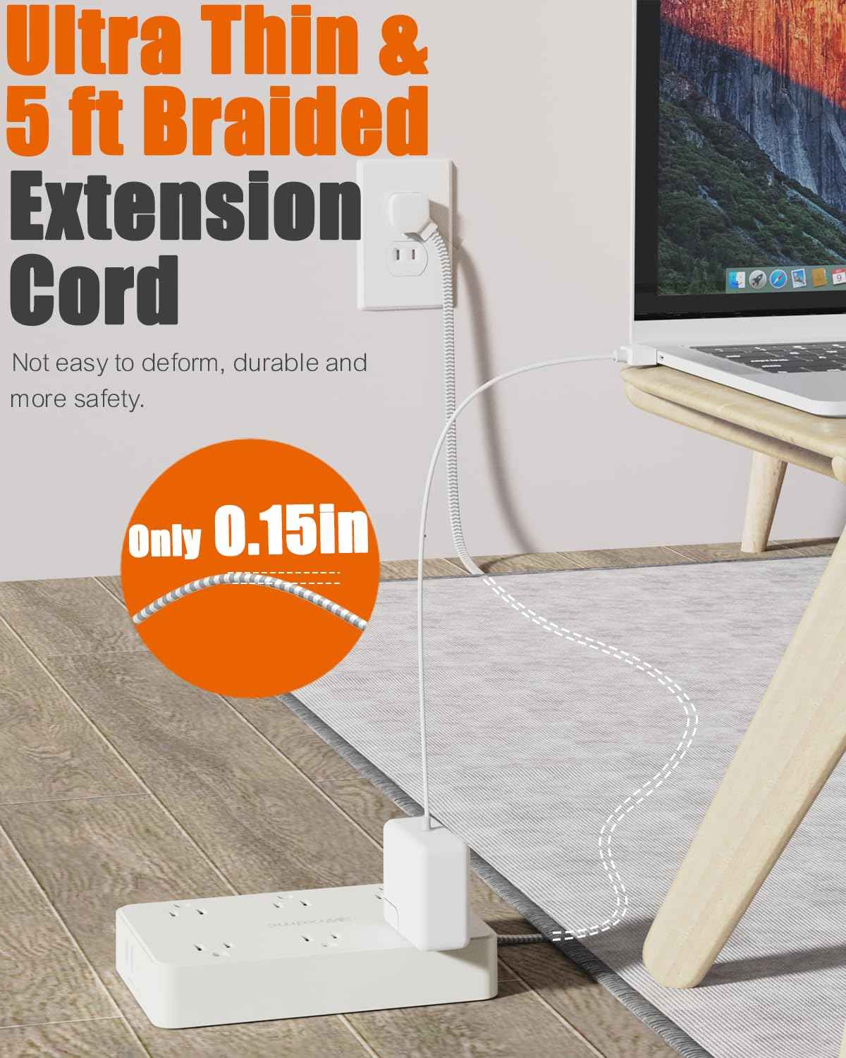 2 Prong Power Strip, WRXDMC 2 Prong to 3 Prong Outlet Adapter, 1400J Two Prong Surge Protector, 6ft Braided Extension Cord with Thin Flat Polarized Plug, 6 AC&4 USB, Wall Mount for Non-Grounded Outlet