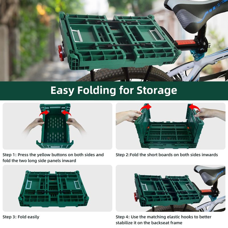 Bike Basket Rear, Foldable 35L Large Capacity Rear Bike Basket, and Durable Bicycle Foldable Rear Basket, Waterproof Cover for Shopping,Outings,Pets E-Bike Accessories (Green)