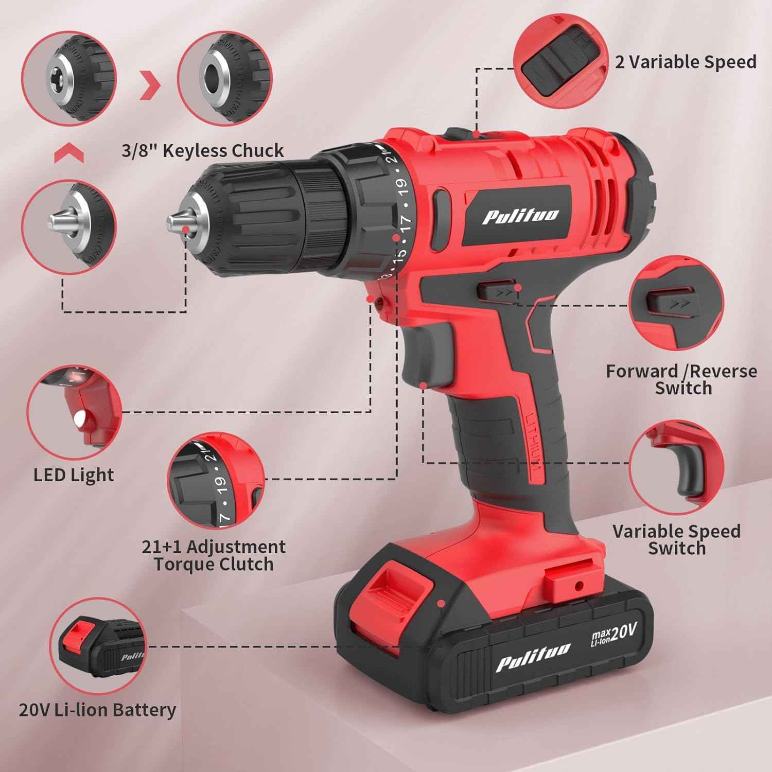 PULITUO'S 20V Cordless Drill/Driver, Electric Screwdriver - 2 Batteries, 30Nm, 21+1 Torque, 2 Speed, Keyless 3/8" Chase Drill with LED Light, Kit for Home (Green)