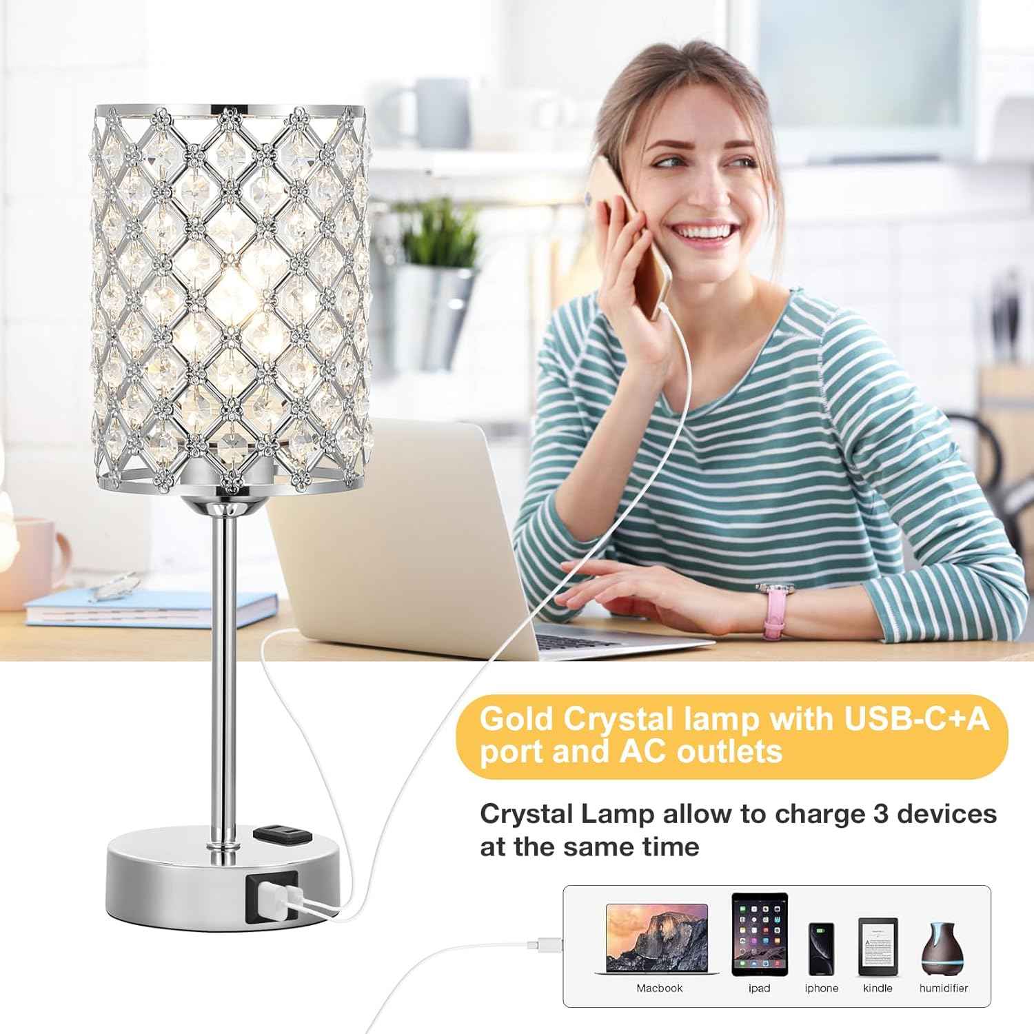 Dimmable Touch Control Crystal Table Lamp Set of 2 with USB-C & AC Ports - Elegant Nightstand Lighting for Bedroom & Living Room