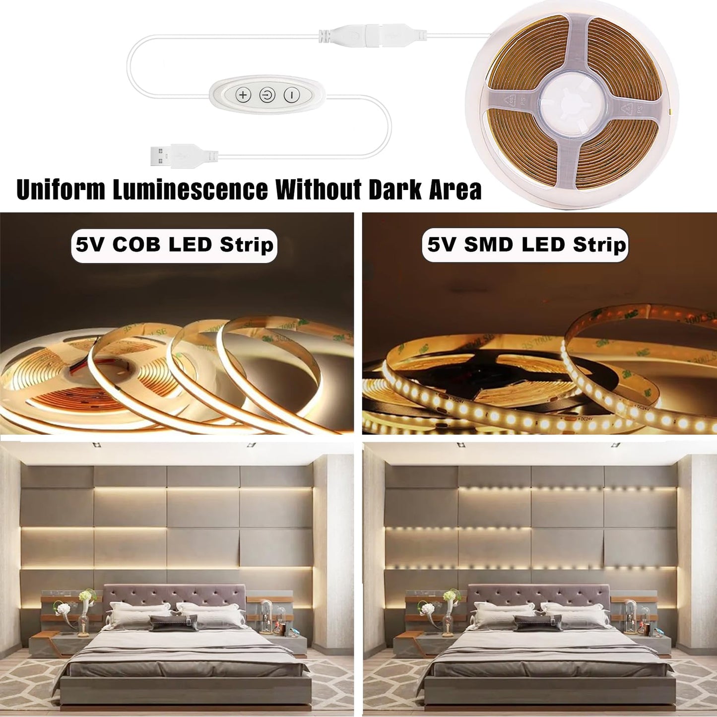 GXILEE COB LED Strip Lights Natural White 4000K CRI92+, DC 5V 6 ft Led Light Strip with Dimmer Switch for Cabinet Home Office DIY Lighting Decoration