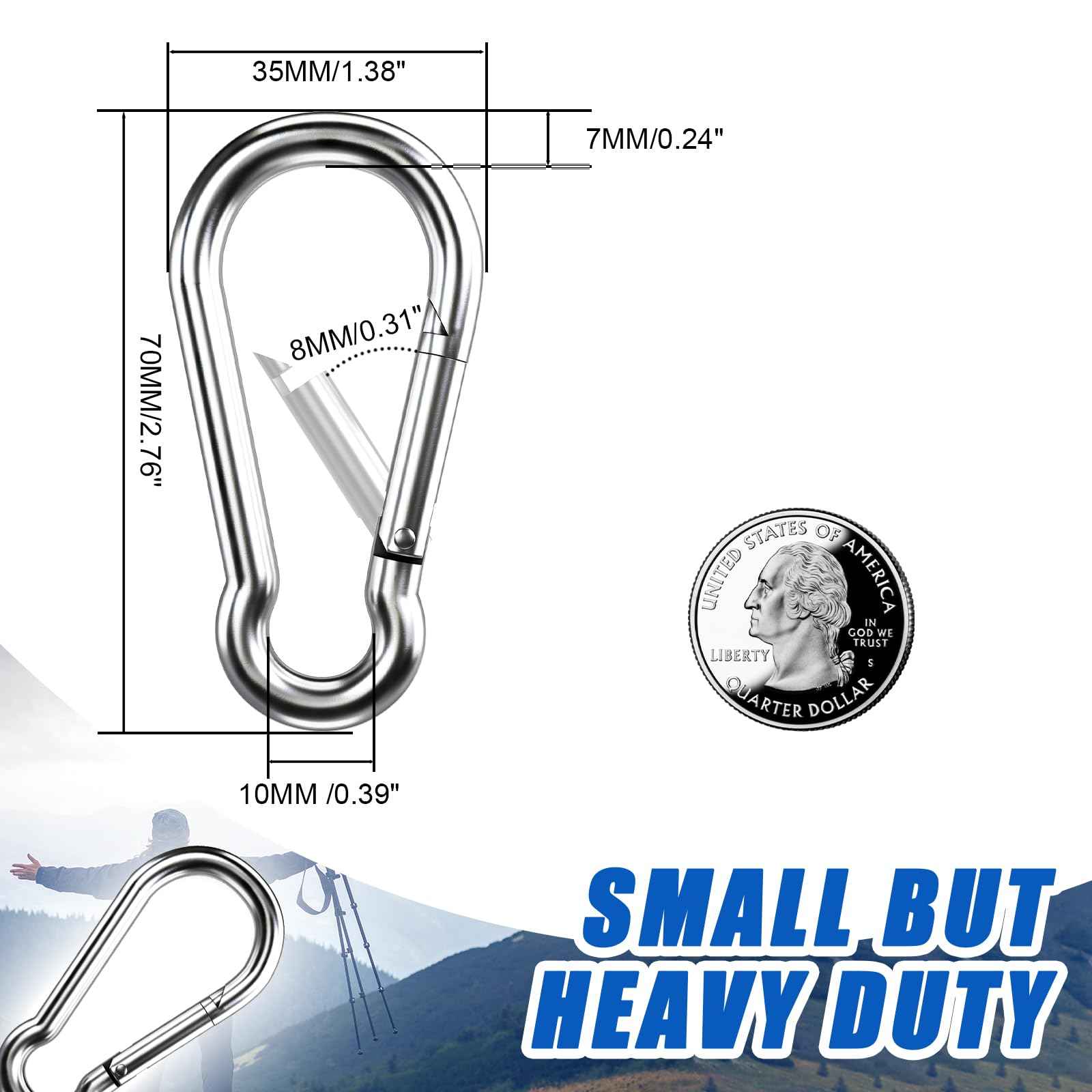 Small Carabiner Clip Hooks, 10pcs 2.75 inch Carabiners Heavy Duty, 304 Stainless Steel Spring Snap Hook Fits Camping Hiking, Metal Clips for Rope Chain Keys Rings