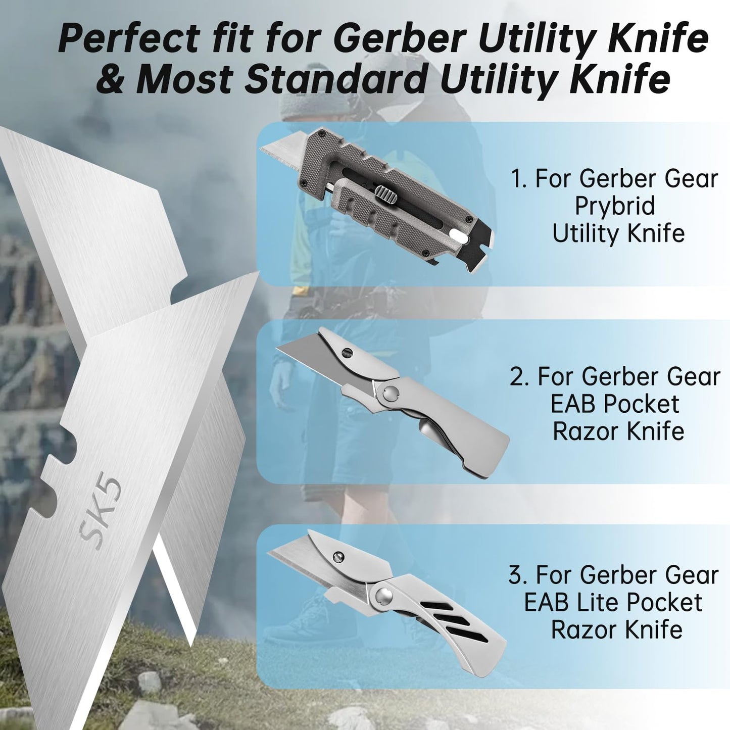 Utility Knife Blades for Gerber Utility Knife, 20 Pack Replacement Blades, Durable SK5 Steel Heavy Duty Box Cutter, Non-Rusting with Plastic Case, for Most Standard Utility Knives