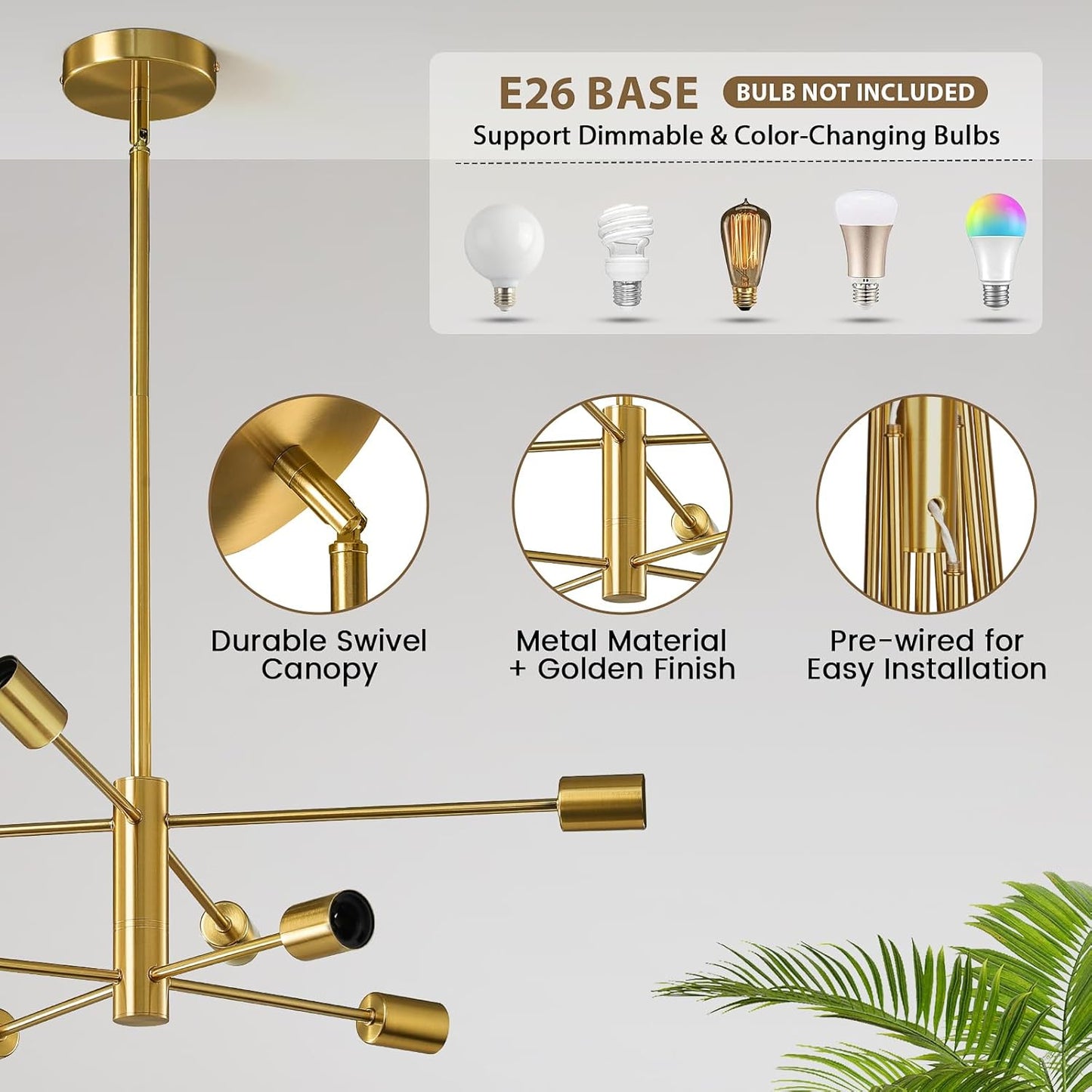 8-Light Gold Sputnik Chandelier - Modern Adjustable Ceiling Light for Dining Room, Kitchen & Foyer