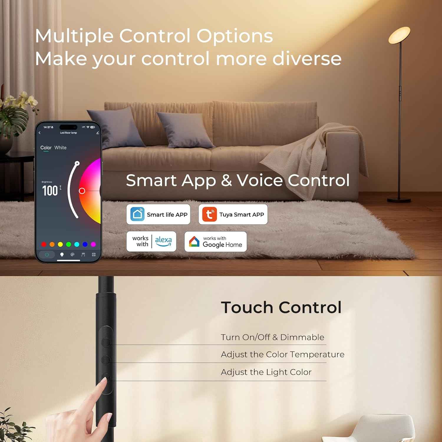 Smart RGBWW Floor Lamp with Voice Control & App, 2800LM Color Changing Torchiere for Living Room, 69.3in Rotating LED Lamp