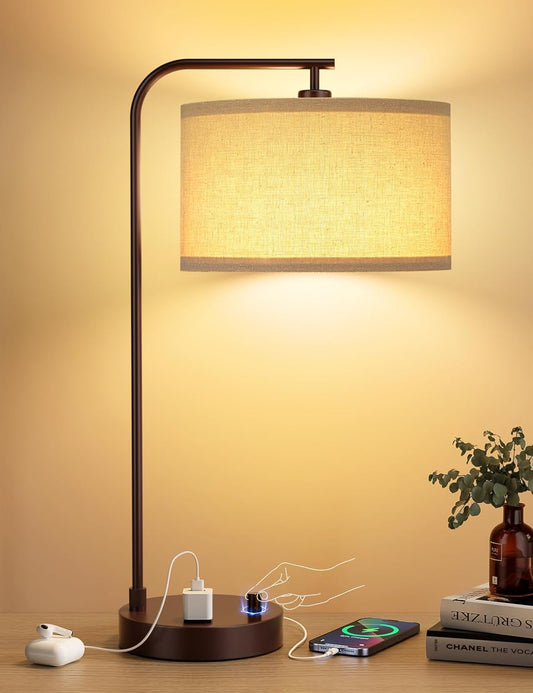 Dimmable Tall Table Lamp with USB Port & Outlet - Linen Shade Bedside Desk Lamp for Bedroom, Living Room, Home Office