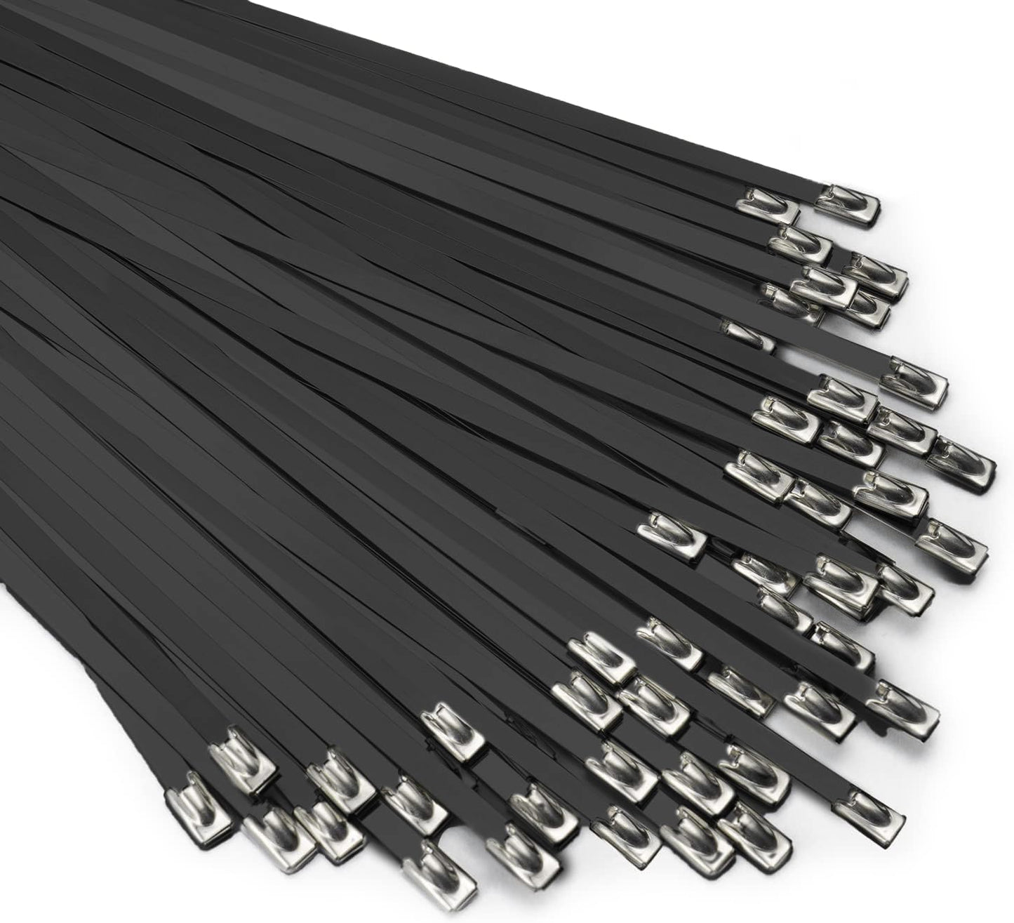 Metal Zip Ties 11.8 inch 100pcs Stainless Steel Zip Ties Heavy Duty Multi-Purpose Self-Locking Cable Ties for Machinery, Vehicles, Exhaust Wrap, Farms, Pipes, Roofs, Cables, and Outdoor Fence (Black)