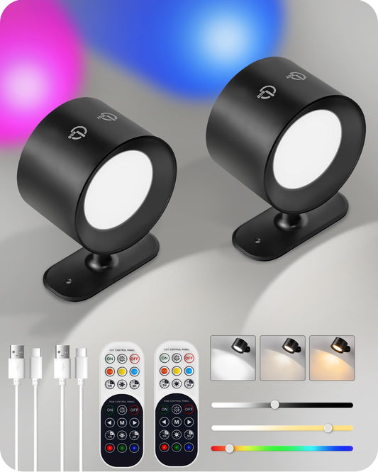 GOEBLESON Battery Operated Wall Sconce Set of 2, Rechargeable Wall Lights with Remote Control, 3 Color Temp 3 RGB Dimmable, 360° Rotation Cordless Wall Mount Lamp for Hallway Bedroom, Black B02YBP206
