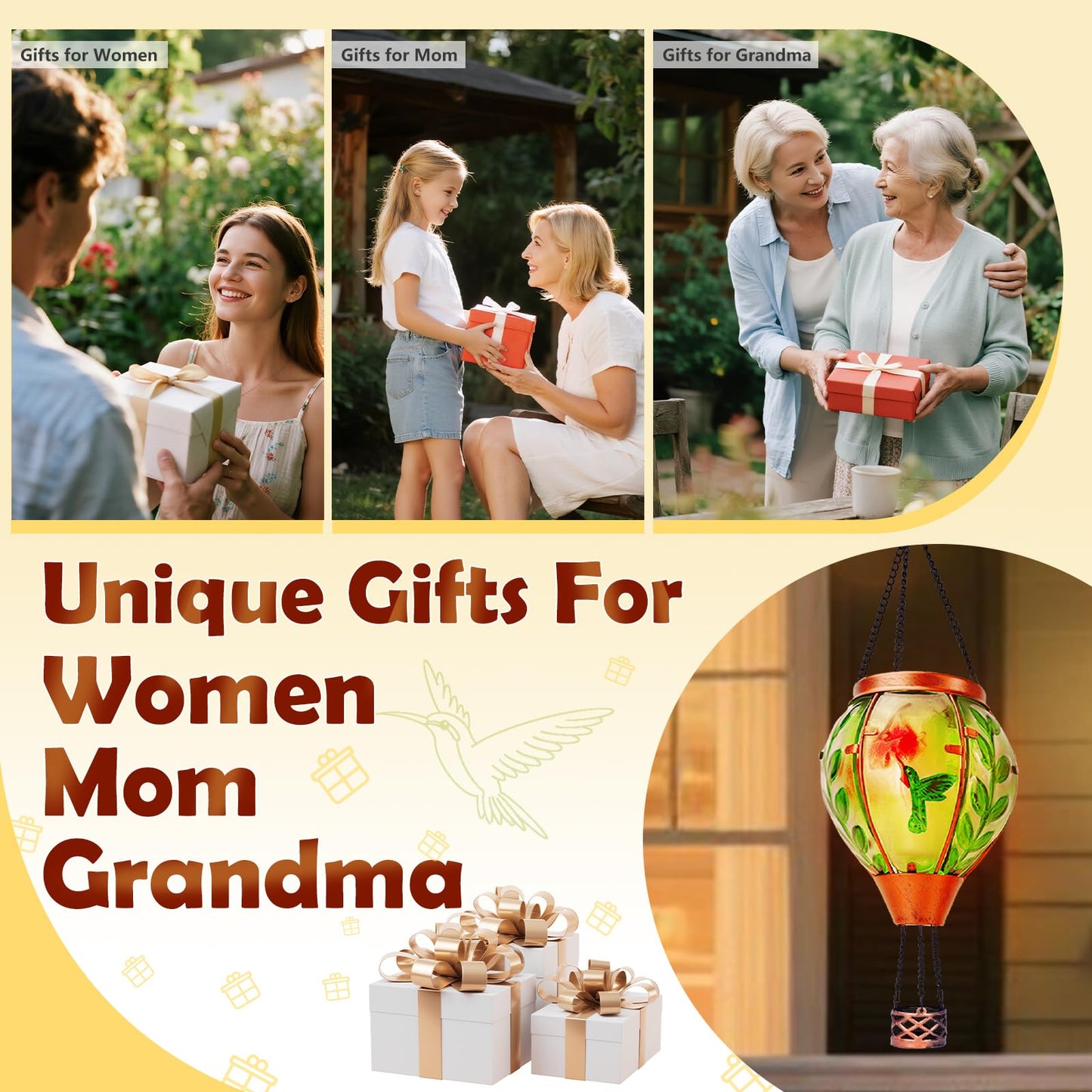 Hummingbird Solar Hot Air Balloon Lantern,Outdoor Decor with Flame Lights Waterproof, Hanging Lights for Garden Yard Lawn Patio, Unique Gifts for Women Mom Grandma Gardener for Mother'Day