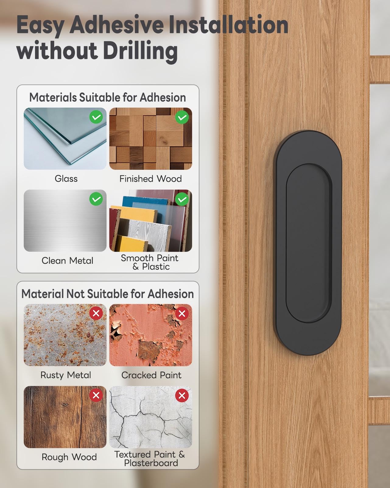 MeBantoo 2 Pack Self-Stick Door Handles, 4 Inch Aluminum Alloy Self Adhesive Flat Finger Pulls, No Drill Cabinet Knobs for Drawer, Sliding Glass/Barn/Closet/Balcony Doors (2, Black)