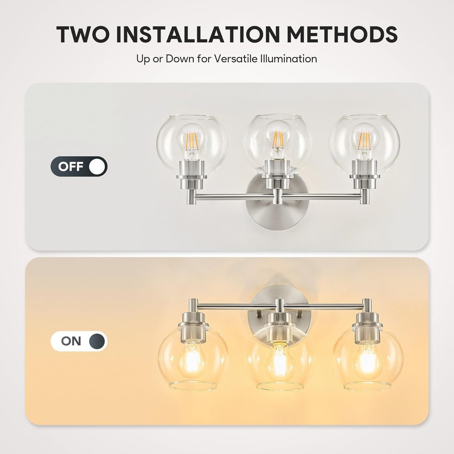 3-Light Vanity Bathroom Light Fixture with Globe Glass Shades - Brushed Nickel, ETL Certified