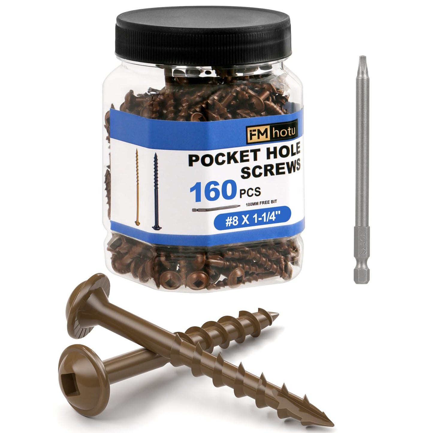 #8 Pocket Hole Screws 1-1/4 Inch, 160Pcs Coarse Thread Wood Screws, Square Drive, Washer Head, 4-Layer Coating, Drive Bit Included (Brown)